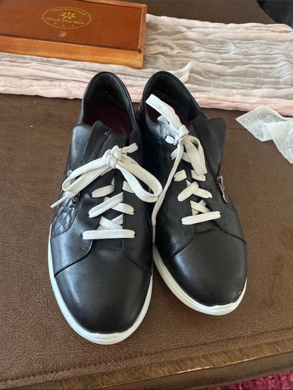 Munro Blac Leather Lace-Up Sneakers with White Soles